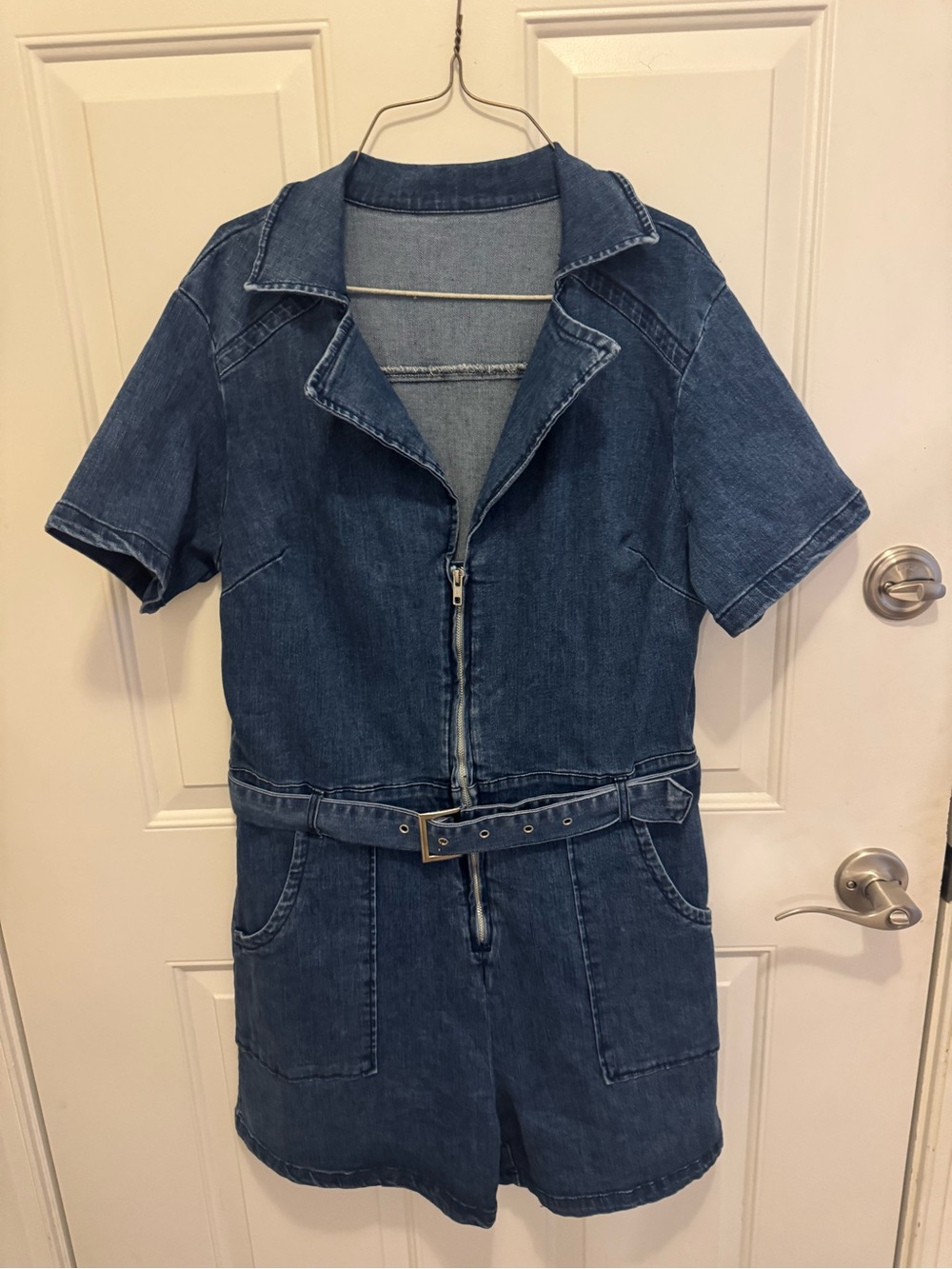 Denim Short-Sleeve One-Piece Bodysuit Romper - Blue